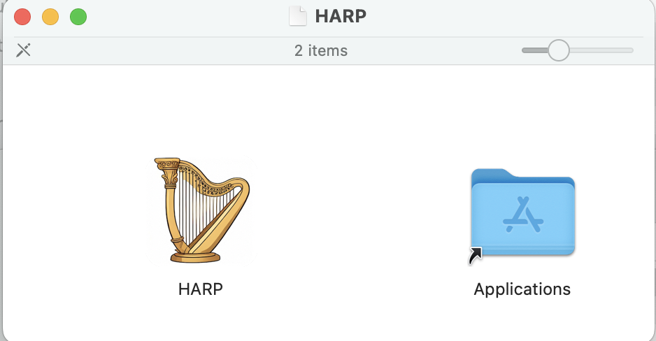The HARP disk image, with HARP.app and a link to the Applications folder